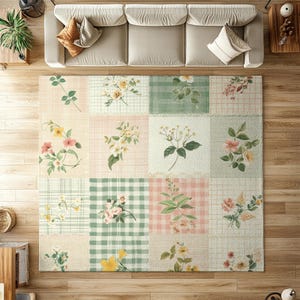 Patchwork Floral Area Rug | Blush & Sage Cottagecore Gingham Quilt Pattern | French Cottage Decor | 4x6 | Easy-Care Low Pile