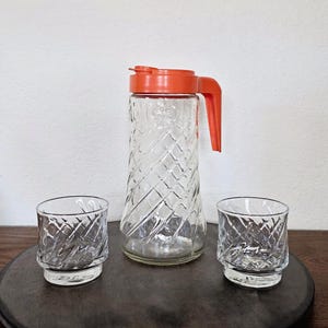 TANG Set - Pitcher and two Juice Drinking Glasses, Anchor Hocking, Vintage Set