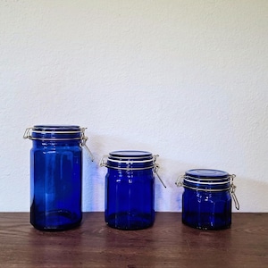 Set of 3 Vintage Cobalt Blue Glass Paneled Canister Storage Jars