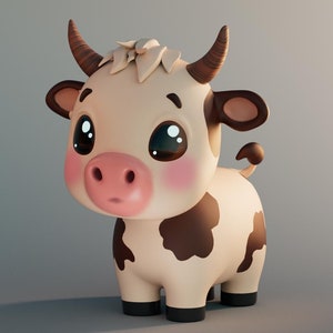 Peut inclure: Figurine de vache de style cartoon, avec un corps beige clair et blanc, des taches marron et de grands yeux expressifs. La vache a de petites cornes, un nez rose et des joues roses. La figurine est posée sur une surface grise.