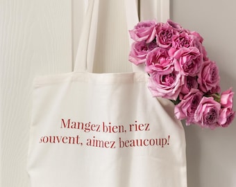 Fransk estetisk bomullsväska – Mangez bien, riez souvent, aimez .. – Ekoväska i parisisk stil, Chic återanvändbar shoppingväska, present till kvinna