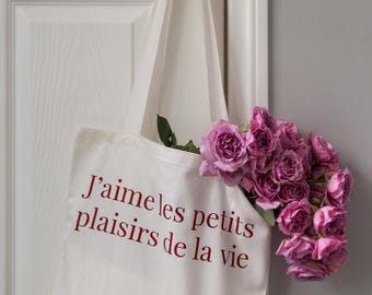 French Aesthetic Cotton Tote Bag – J’aime les petits plaisirs de la vie – Parisian Style Eco Bag, Chic Reusable Shopping Bag, Gift for woman