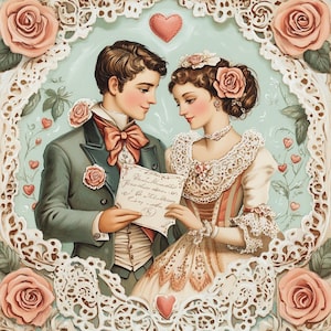 Cartão Vintage Dia dos Namorados – Ilustração de Amor Romântico, Download Digital