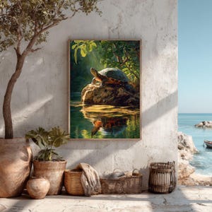 Red-Eared Slider Turtle Canvas Print, Basking Reptile Portrait, Pond Nature Wall Decor, Vibrant Shell Reflection, Serene Wildlife Wall Art