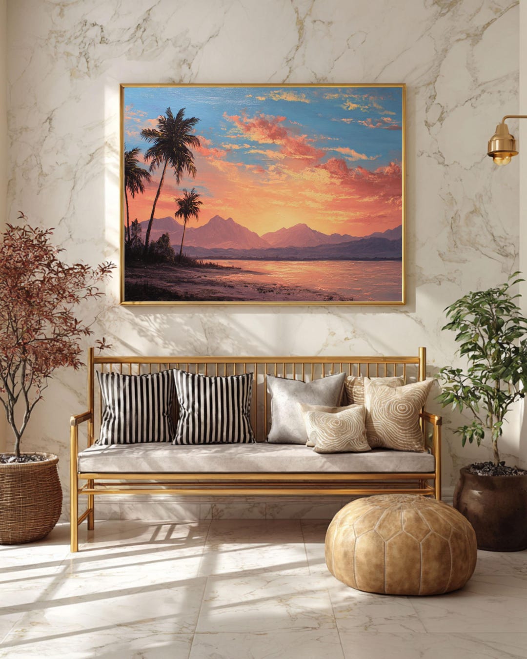 Tropical Sunset Beach Wall Art, Palm Trees & Mountains Acrylic Painting ...