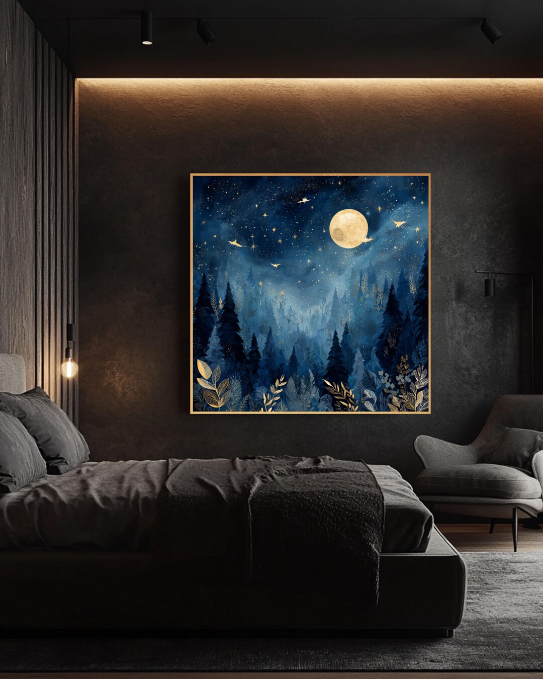 Whimsical Moonlit Forest Wall Art, Magical Night Sky Square Canvas ...