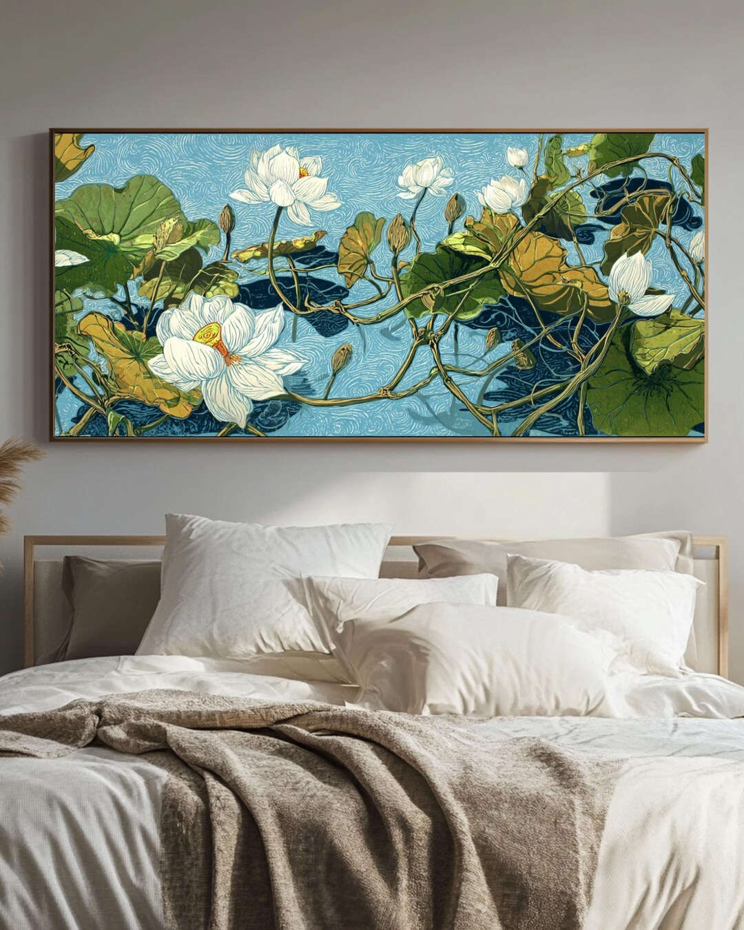 Lotus Flower Woodblock Canvas Print | Panoramic Blue Floral Wall Art ...