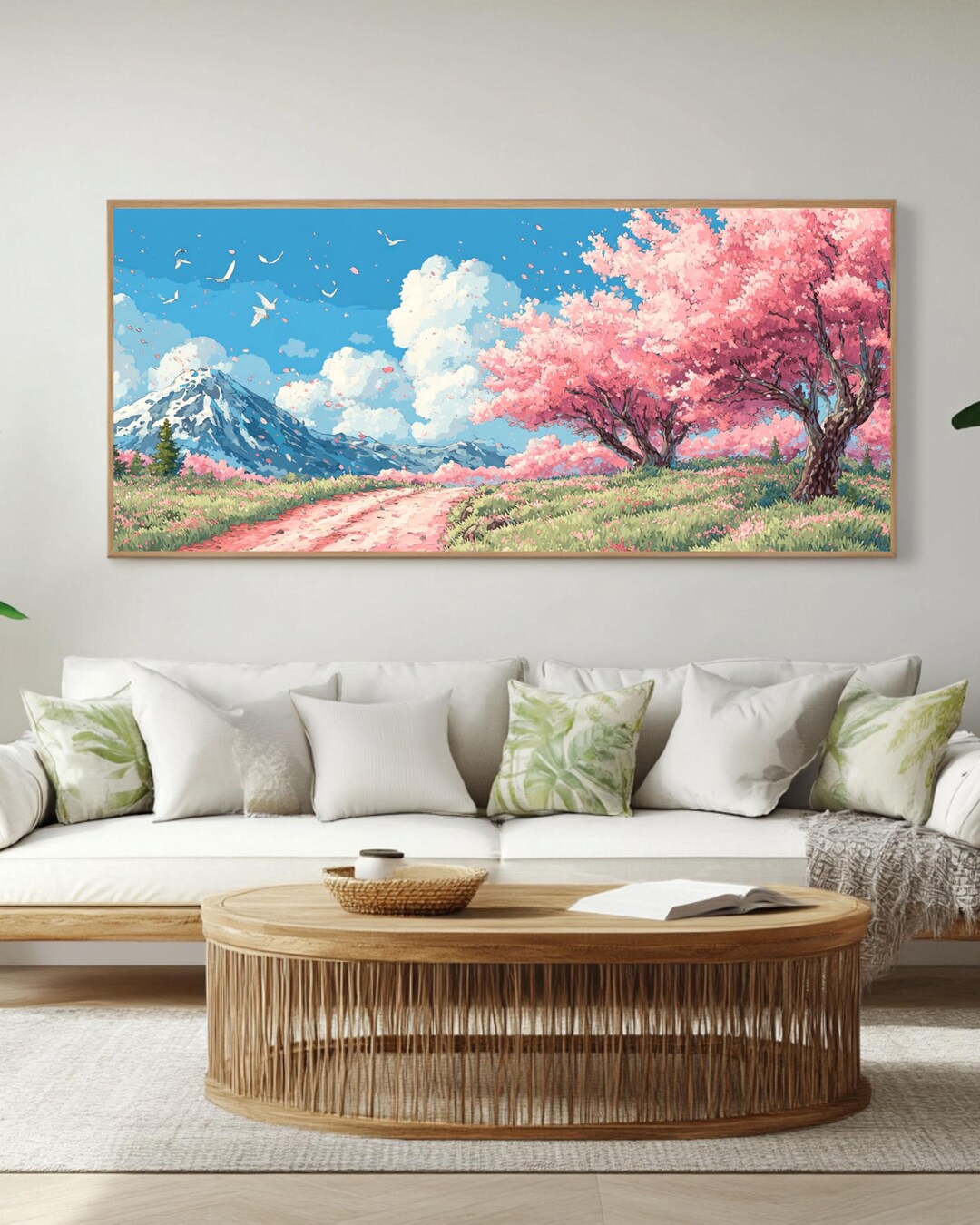 Anime Cherry Blossom Panoramic Wall Art, Sakura Mountain Watercolor ...