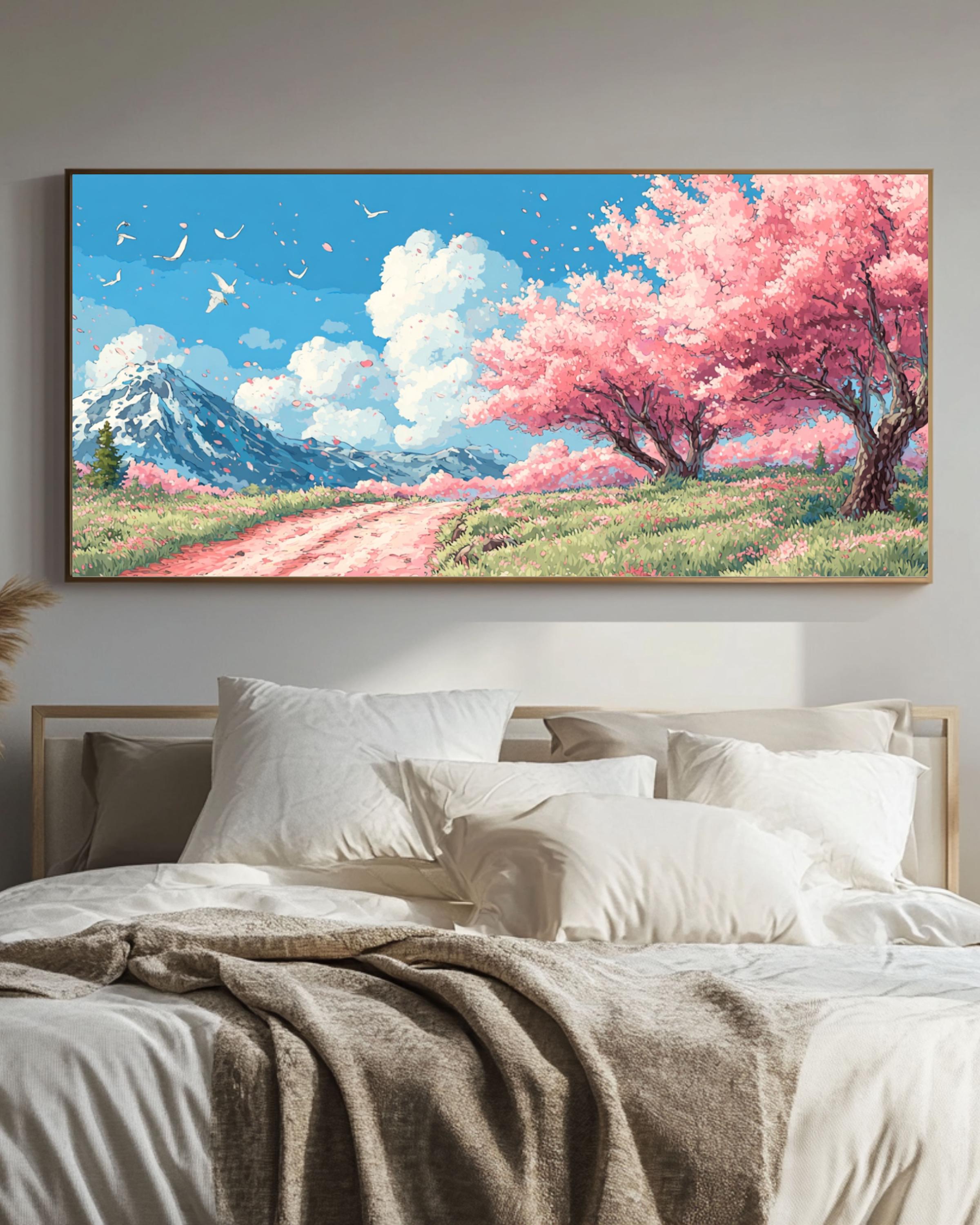 Anime Cherry Blossom Panoramic Wall Art, Sakura Mountain Watercolor ...
