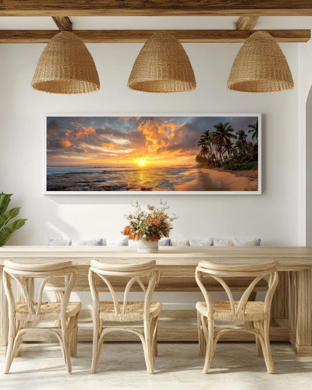 Tropical Beach Sunset Panoramic Wall Art, Palm Tree Canvas Print, Large ...