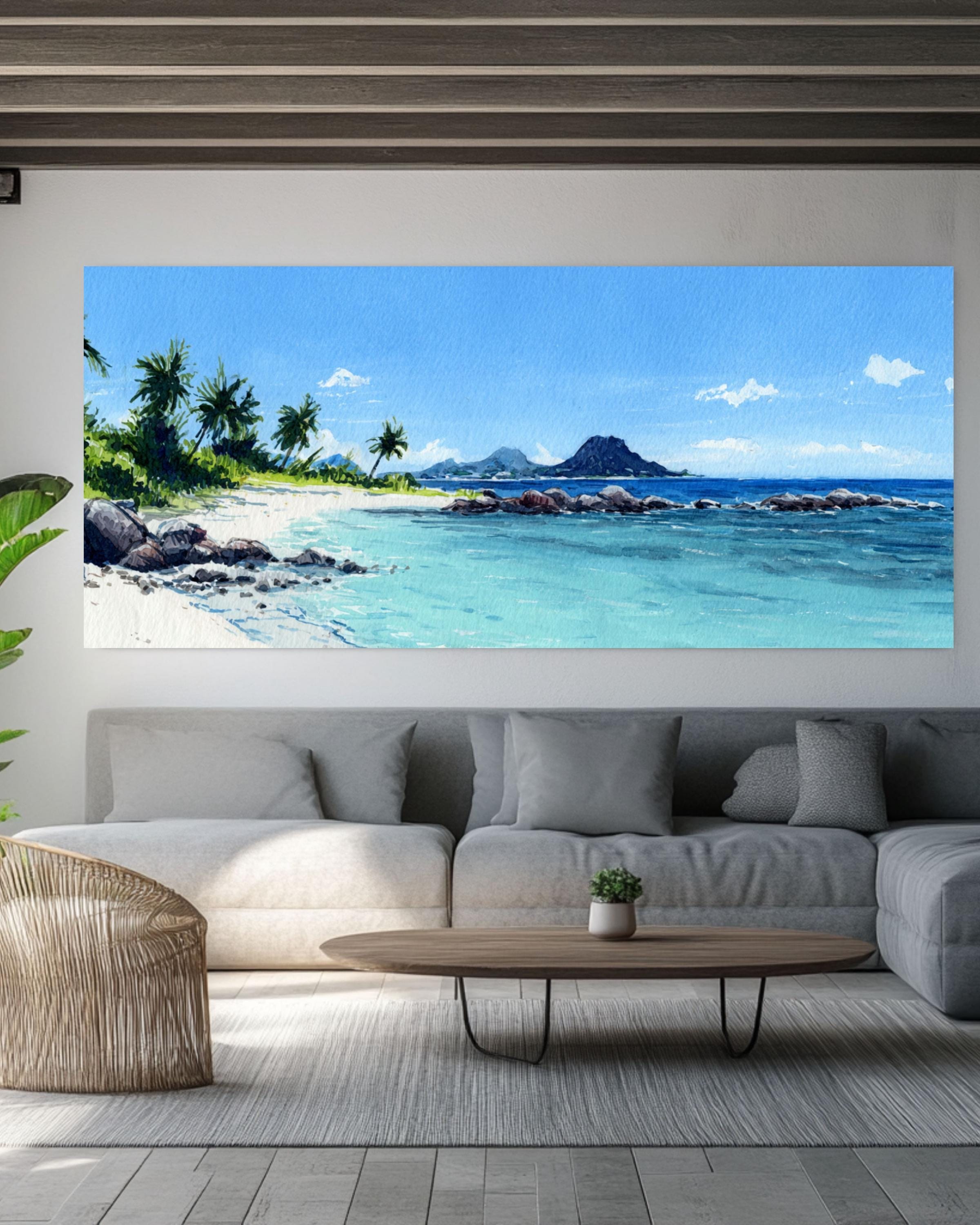 Tropical Beach Panoramic Wall Art | Watercolor Island Landscape Canvas ...