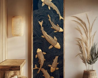 Golden Koi Fish Wall Art, Tall Narrow Japanese Style Canvas Print, Abstract Gold Fish & Tree Ring Decor, Modern Dark Blue Vertical Framed