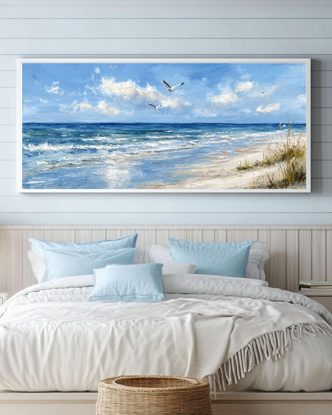 Panoramic Beach Wall Art, Seagulls Oil Painting Inspired Canvas Print ...