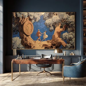 May include: Large framed artwork depicting a couple walking on a tree branch, with a clock face and a blue sky background. The artwork hangs above a wooden desk with a gold lamp and a blue armchair.