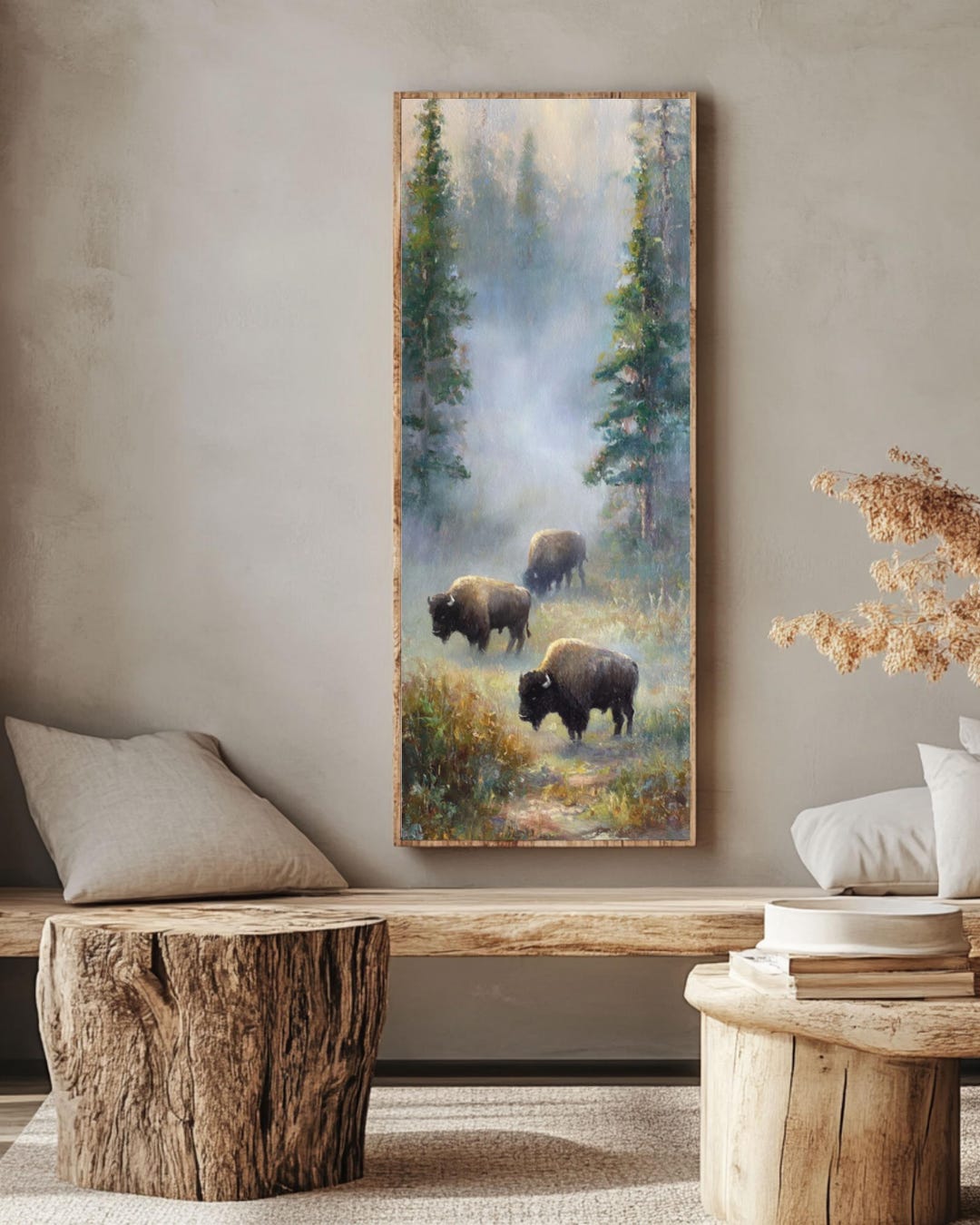 Yellowstone Bison Oil Painting Inspired Canvas Print, Misty Forest ...