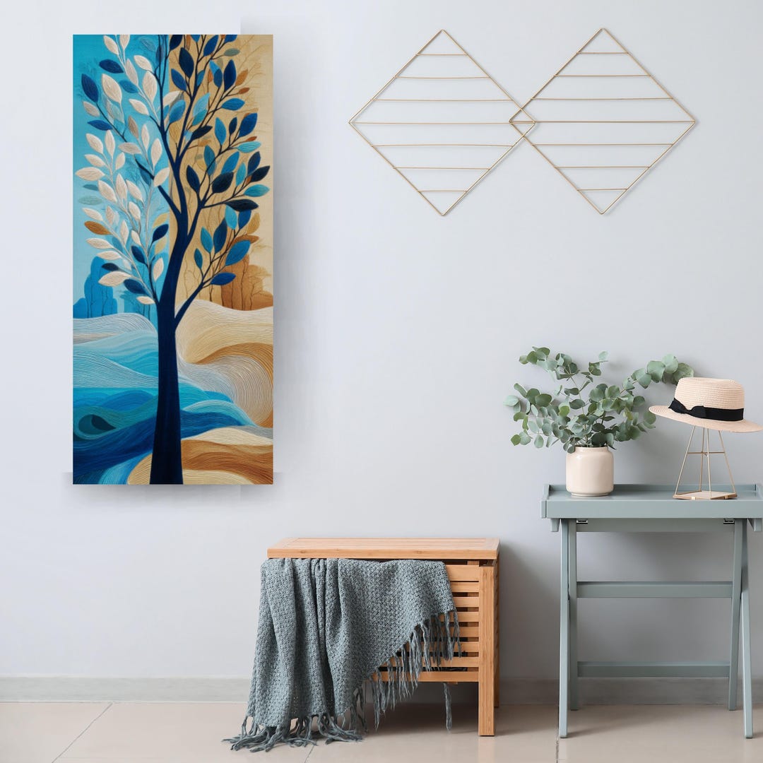 Modern Abstract Tree Canvas Print, Tall Narrow Blue and Beige Wall ...