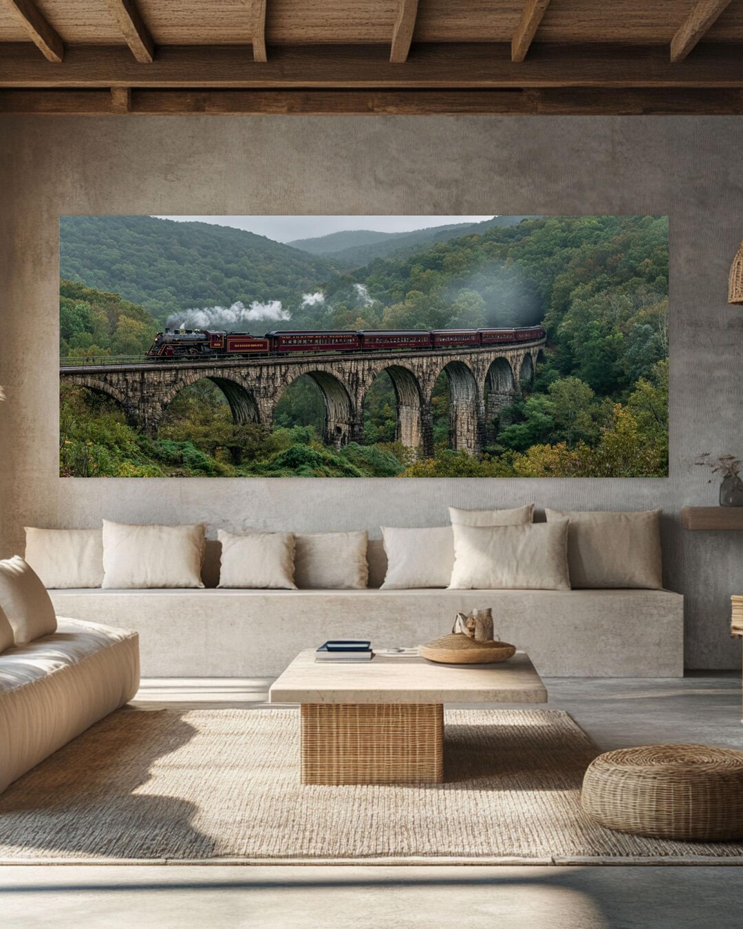 Steam Train Arched Bridge Panoramic Wall Art, Canvas Print Vintage ...