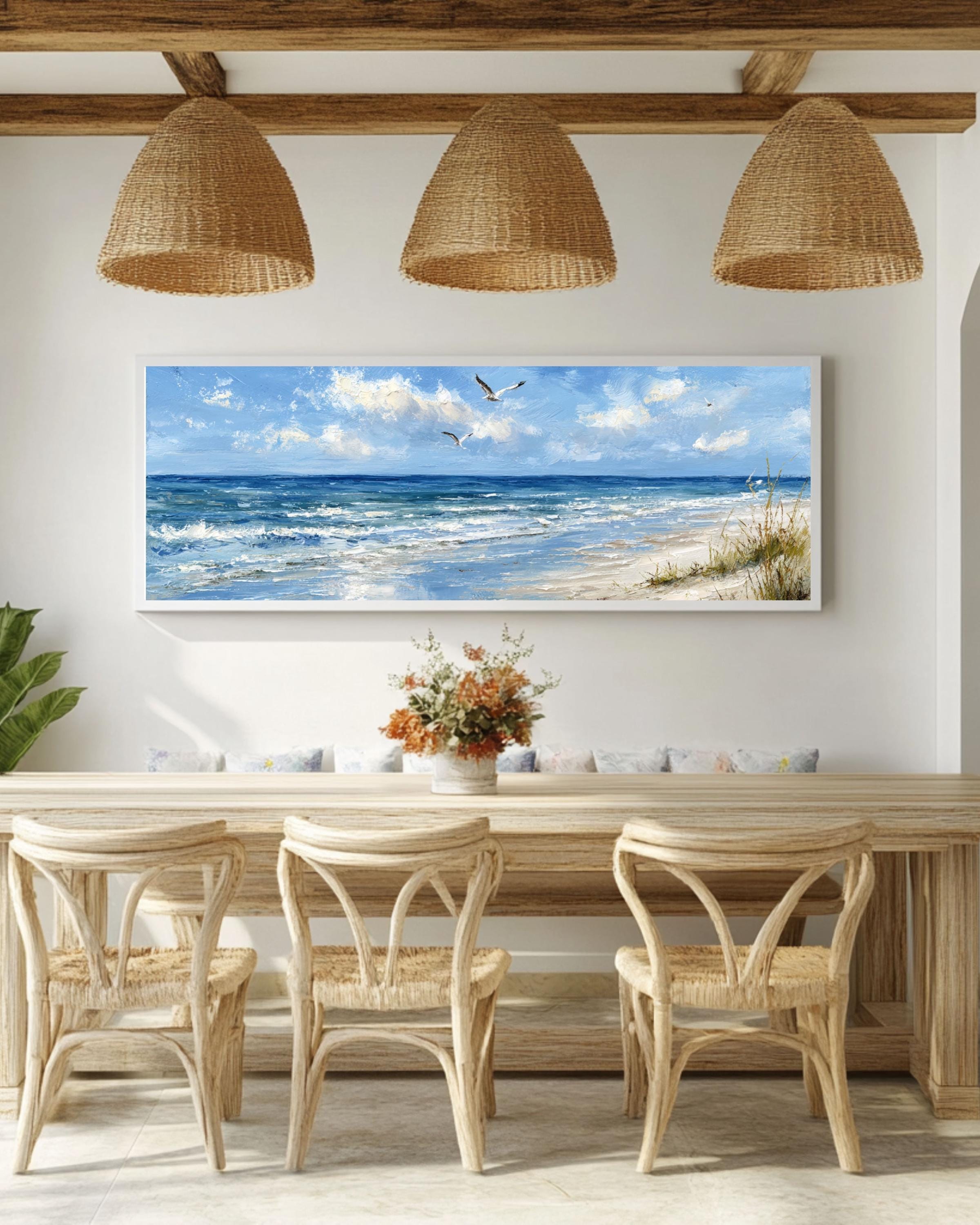 Panoramic Beach Wall Art, Seagulls Oil Painting Inspired Canvas Print ...