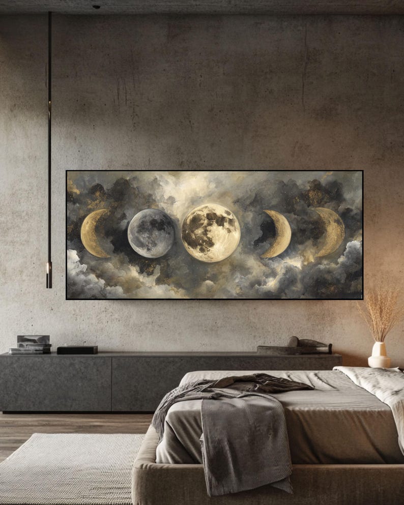 Moon Phases Wall Art | Celestial Gold & Grey Canvas Print | Lunar Cycle ...