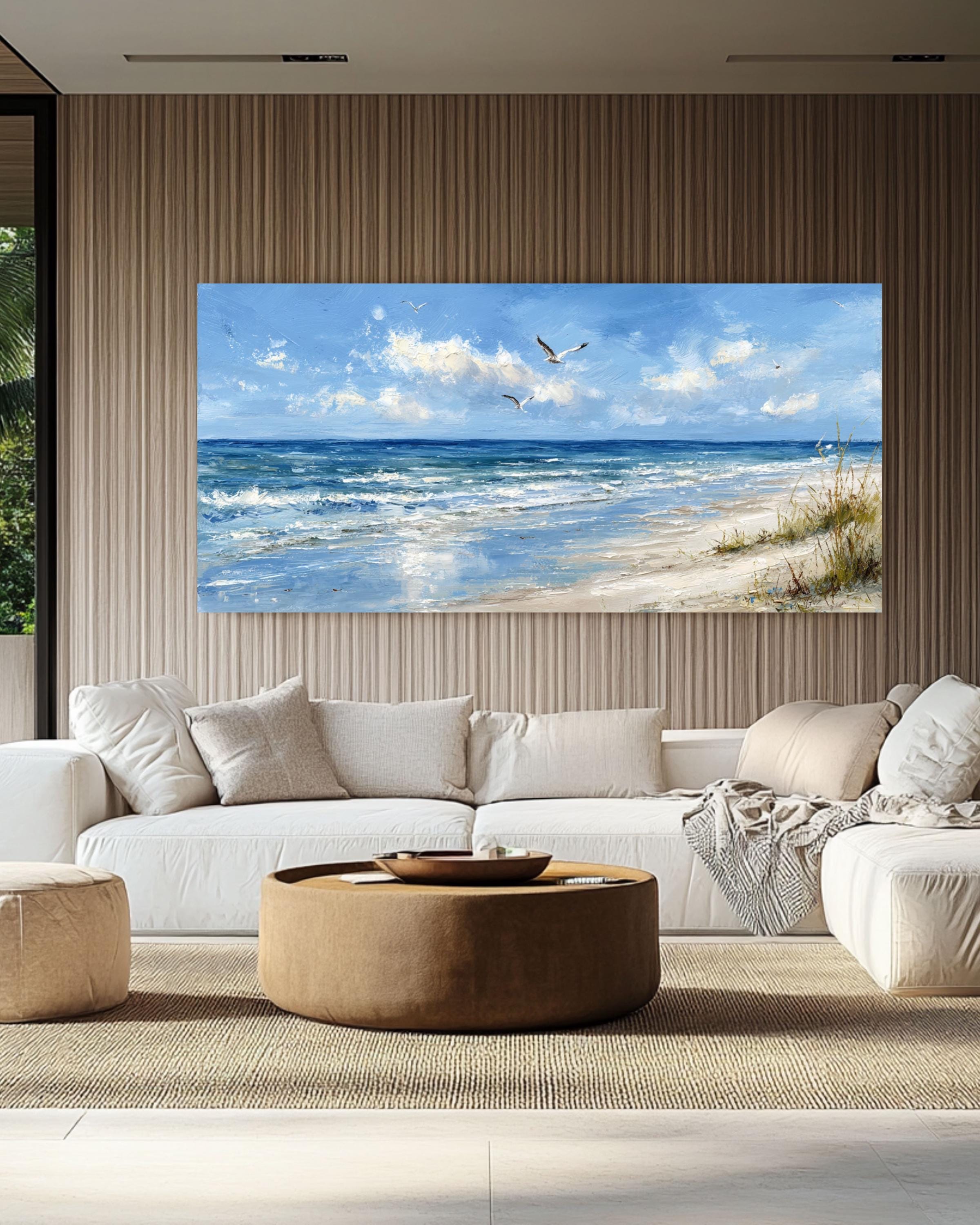 Panoramic Beach Wall Art, Seagulls Oil Painting Inspired Canvas Print ...