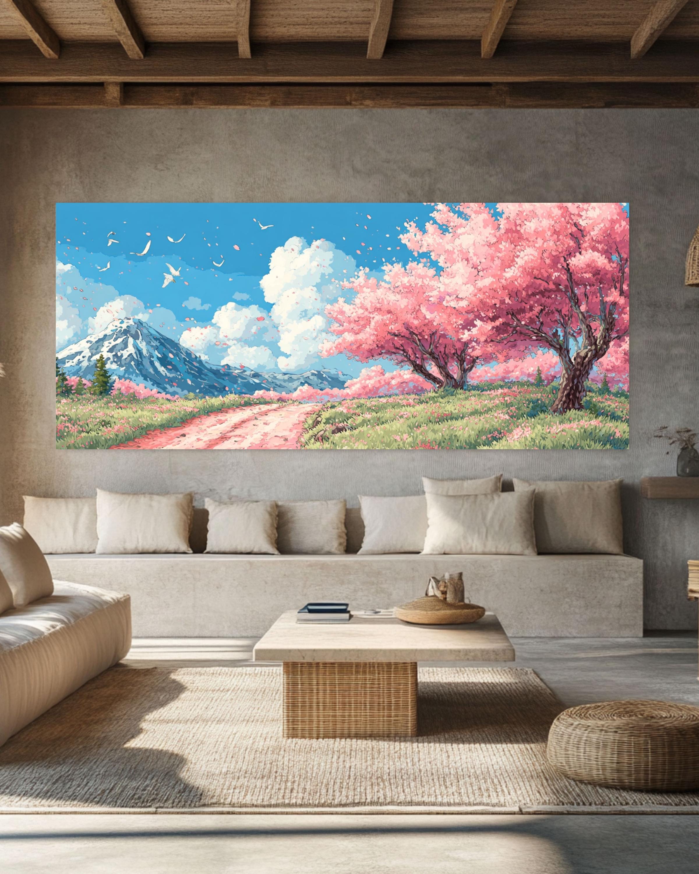 Anime Cherry Blossom Panoramic Wall Art, Sakura Mountain Watercolor ...
