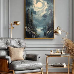 Mystical Full Moon Oil Painting Inspired Canvas Print | Night Sky Clouds & Pine Trees Wall Art | Ethereal Forest | Moody Nature Home Decor