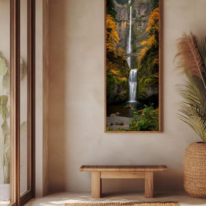 Multnomah Falls Wall Art, Autumn Oregon Waterfall Canvas Print, Tall Narrow Framed Nature Landscape, Benson Bridge Columbia Gorge Art