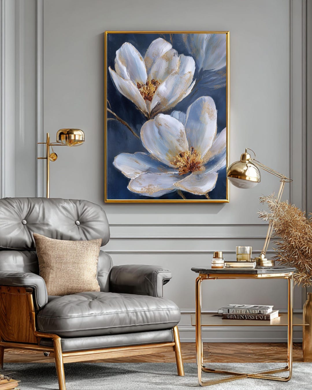 Abstract White Gold Flower Canvas Print, Navy Blue Floral Wall Art - Etsy