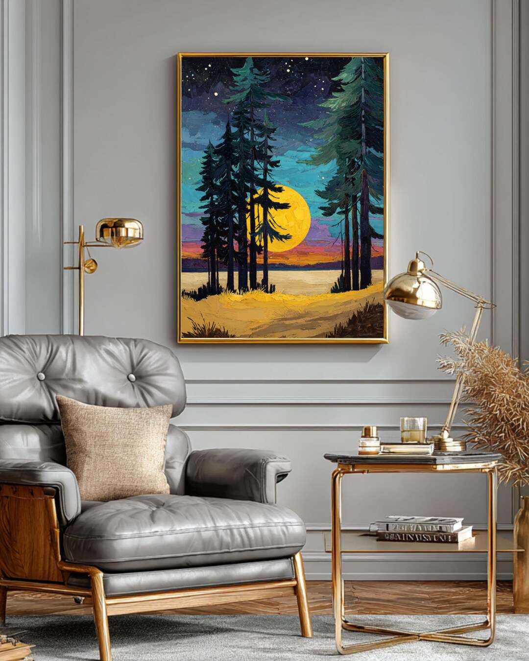 Full Moon Forest Portrait Wall Art, Pine Tree Canvas Print, Night Sky ...