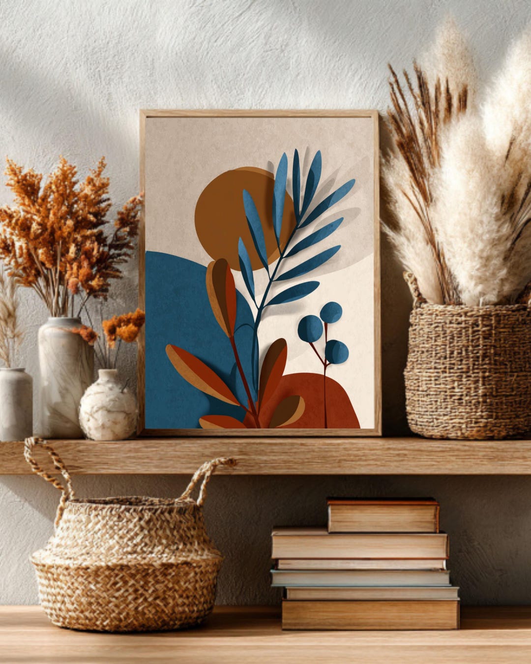 Mid Century Modern Abstract Botanical Wall Art, Minimalist Leaf Shapes ...