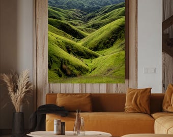 New Zealand Rolling Hills Canvas Print, Lush Green Valley Portrait, Nature Landscape Wall Decor, Realistic New Zealand Meadow Photography