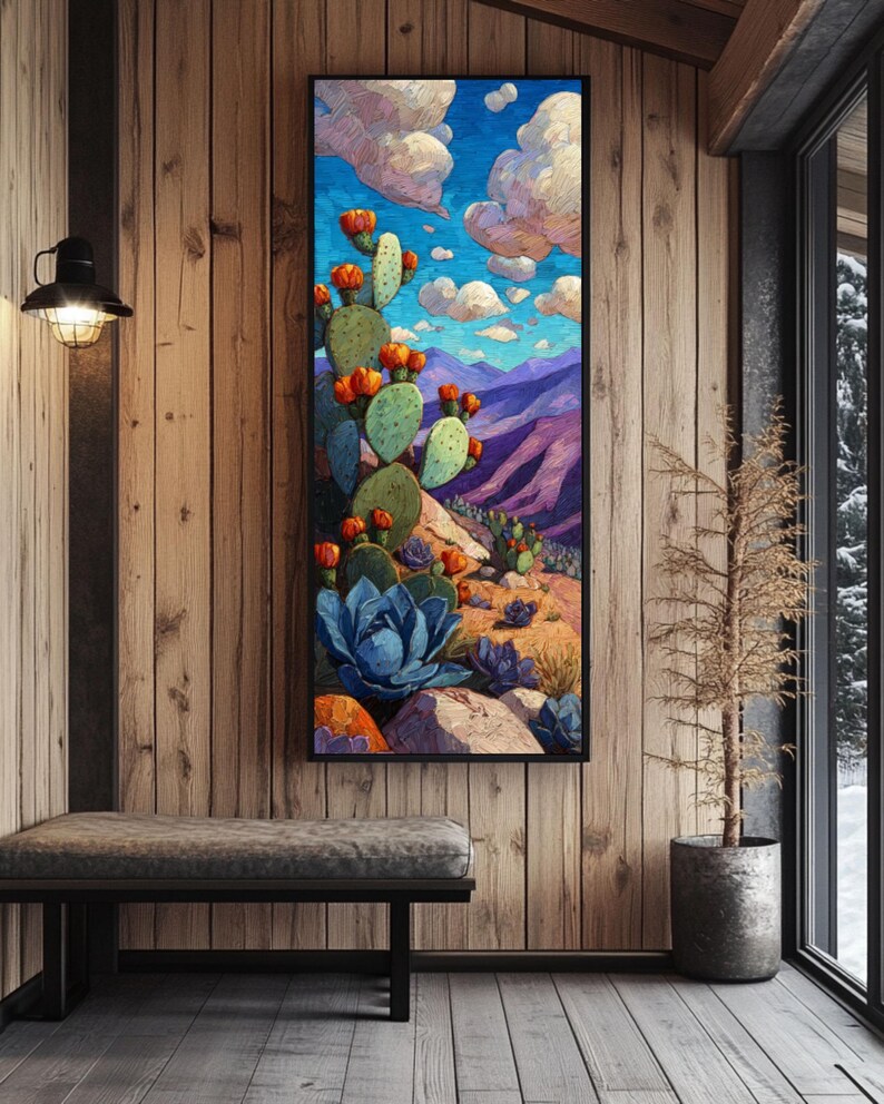 Desert Cactus Wall Art, Tall Narrow Canvas Print, Prickly Pear Painting ...
