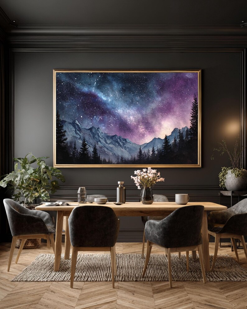 Starry Night Galaxy Wall Art | Watercolor Mountain Landscape Canvas ...