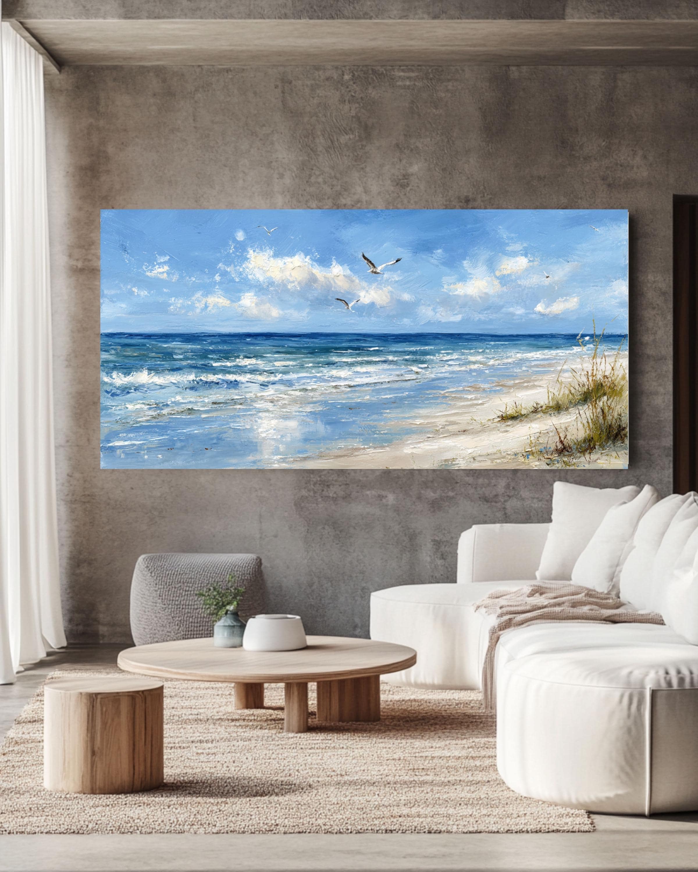 Panoramic Beach Wall Art, Seagulls Oil Painting Inspired Canvas Print ...