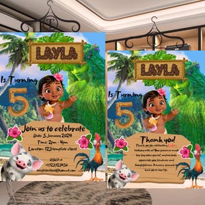 Faire-part d'anniversaire Moana et carte de remerciement, modèle modifiable pour fête d'enfants | Téléchargement numérique instantané sur Canvas