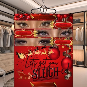 以下が含まれることがあります： 赤い金色のクリスマスをテーマにしたグラフィックで、「Let's get you sleigh-ed」というテキストと、「Discount」という単語が3つのボックスに入っています。グラフィックには、まつげのある女性の目と、トナカイに乗ったサンタのそりが描かれています。