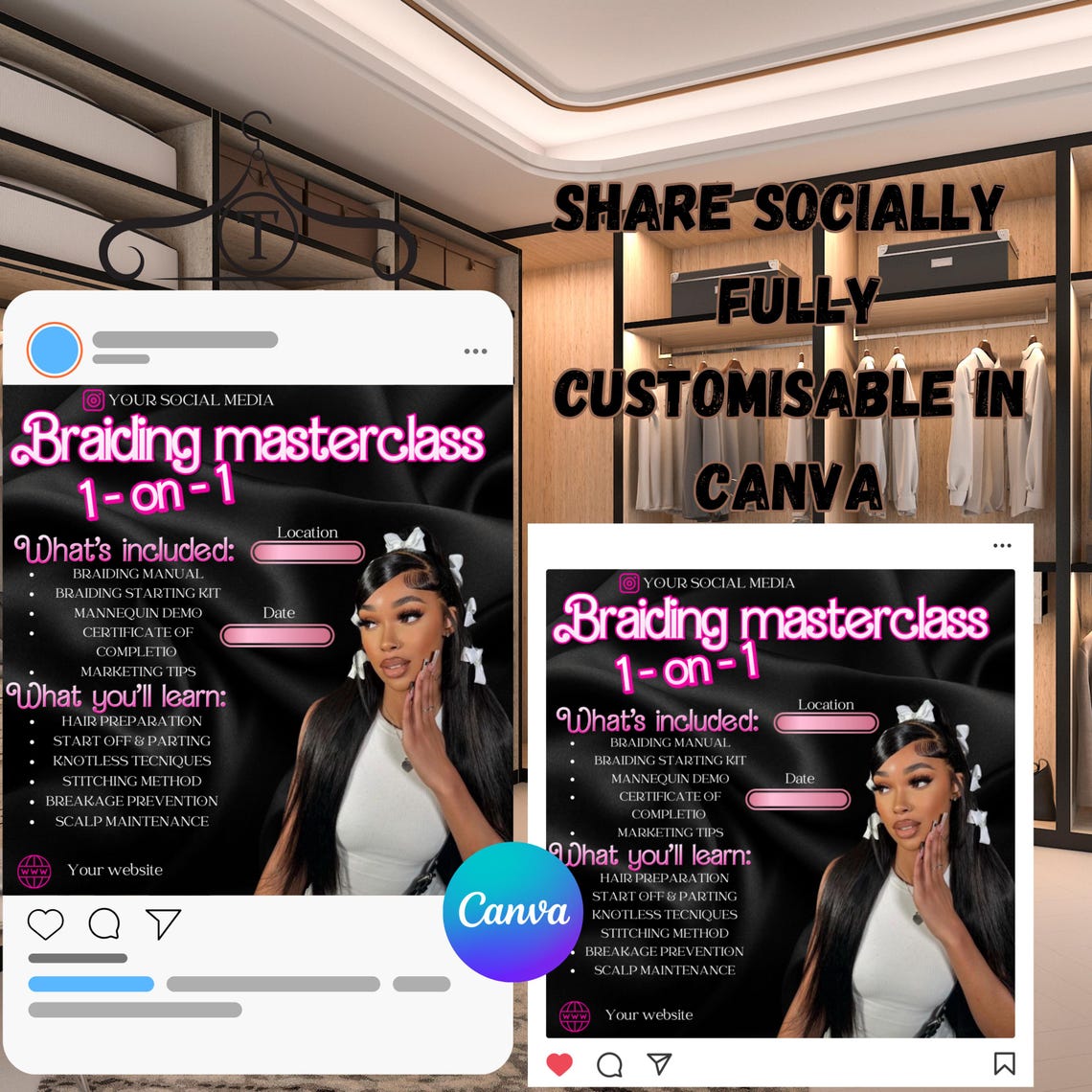 DIY Braiding Masterclass Flyer Template Canva Design for Hair