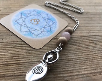 LOVE GODDESS PENDULUM large dowsing silver heavy dowser amulet ceremonial shaman pagan wicca chakra Rose quartz beech wood