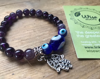 AMETHYST PROTECTION EYE hamsa bracelet reiki crystal healing health peace ward off evil eye aura protection healer