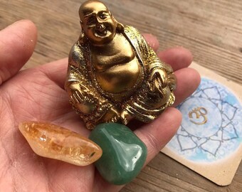 WEALTH ABUNDANCE BUDDHA money attraction fortune lucky house home business green adventurine citrine set cash register laughing buddha