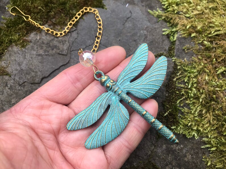 DRAGONFLY HANGING ART sun catcher protection pagan elemental reiki healing healer mobile crystal ball aura quartz wall window decoration