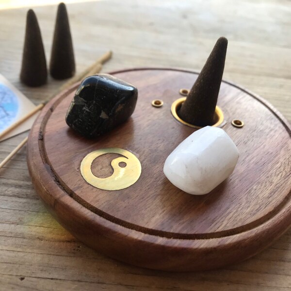 SMUDGE INCENSE PLATE set Bowl Dish altar wood gold brass offerkng zen yin yang taoist balance meditation qigong taichi jewelry smudging