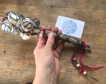 FIG BELL RATTLE iron bell shaker protection beech wood shamanic tool altar sound healing vegan druid witch altar