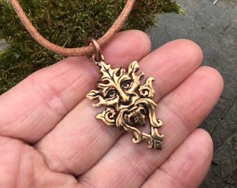 GREEN MAN PENDANT solid Bronze wiccan druid celtic face pagan male mens gift nature tree leaf face nouveau art deco unusual fertility gift
