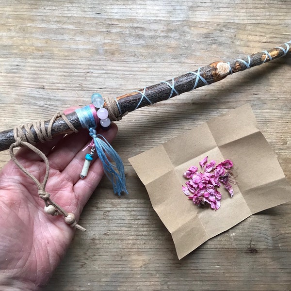 PEACH WAND talking stick . altar art . space clearing protection house home window deflect negativity feng shui hand made VEGAN friendly