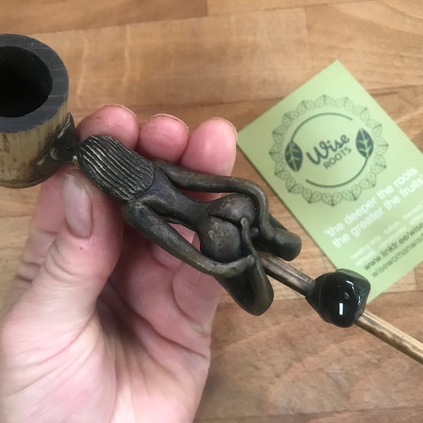 VINTAGE GODDESS PIPE shamanic crystal gemstone fair trade hand carved gemstone vegan clay bamboo black agate