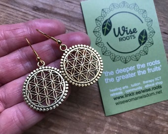 GOLD SEED EARRINGS dangle statement earrings ear hook gold plated symbol talisman sacred geometry seed of life flower of life