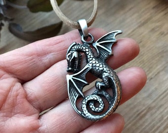 BABY DRAGON PENDANT silver Winged serpent  celtic fantasy Wisdom Healing talisman amulet - unique gift mens ladies vegan