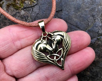 HORSE UNICORN HEART pendant gold solid bronze celtic trinity triangle triquetra Pendant charm talisman - shaman animal wiccan druid healing