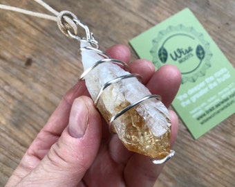 large CITRINE POINT PENDANT wire tantric point druzy rough seed crystal Healing protection health wealth meditation grid scrying large long